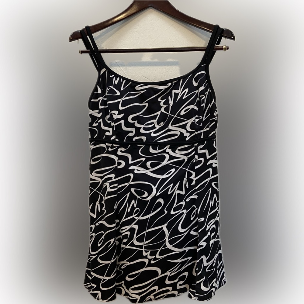 Longitude Plus Black White Print Swim Dress Tankini